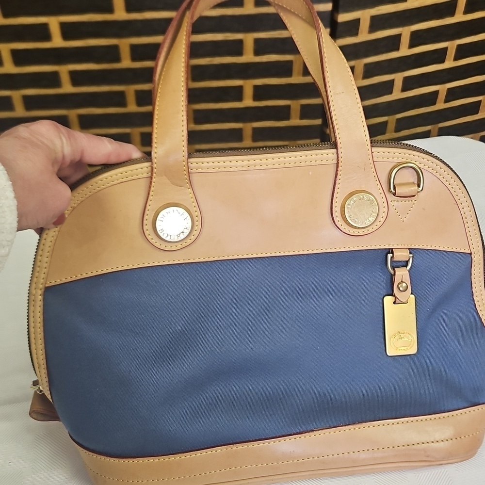Dooney & Burke Vintage 80s Satchel Blue Canvas and Tan Leather Loved but GUC